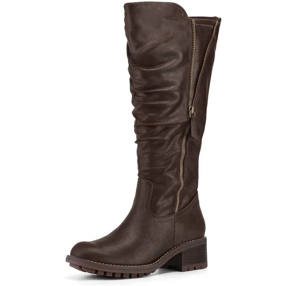 Women's Coffee Mysoft Knee High Boots Chunky Heel Lug Sole Side Zipper 2 Inch